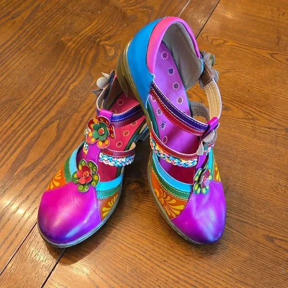 Queen Boho Leather Printing Stitching Mary Jane Style Halloween Heels - Picture 3 of 16